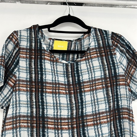 Anthropologie Anthro Maeve Plaid Drapes Slit Open Back Short Slv Blouse medium - Picture 6 of 8